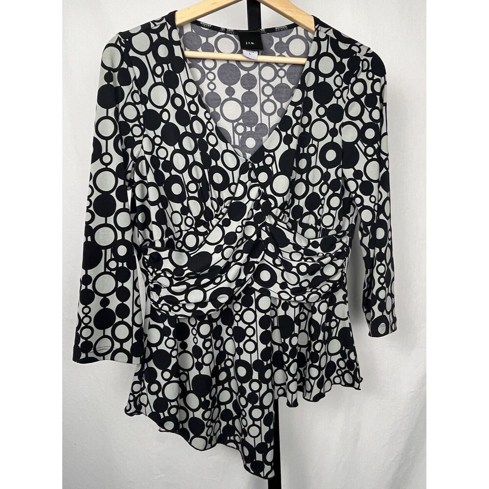 JTB‎ Top Vintage Tunic Blouse V Neck Ruched Draping Black Geometric Large Retro